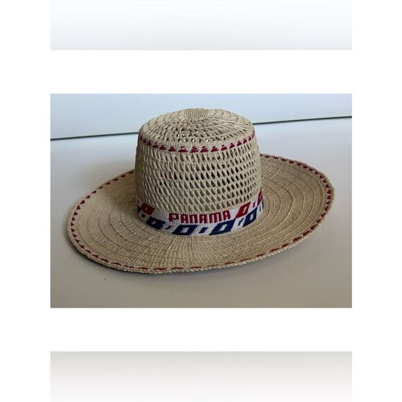 Vintage Classic Panama Straw Hat with Red & Navy Trim ~ Excellent main image 5